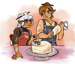  1boy absurdres apron armor blonde_hair blue_eyes brown_eyes cake commentary crossed_arms english_commentary eye_symbol facial_mark female food forehead_mark highres hylian_crest hyrule_warriors:_age_of_calamity impa link ponytail sheikah snowylynxx the_legend_of_zelda the_legend_of_zelda:_breath_of_the_wild white_hair 