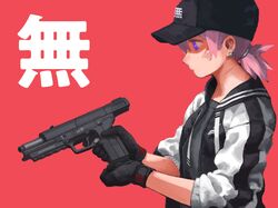  baseball_cap black_gloves blue_eyes bruise ear_piercing female flat_chest fn_five-seven gloves gun handgun hat highres holding holding_gun holding_weapon injury jacket locked_slide low_ponytail original piercing pink_background pink_hair ponytail red_background reloading sara_manta short_ponytail simple_background sleeves_pushed_up solo track_jacket trigger_discipline weapon 