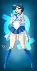  :d absurdres back_bow bad_id bad_twitter_id bishoujo_senshi_sailor_moon blue_background blue_bow blue_choker blue_eyes blue_footwear blue_hair blue_sailor_collar blue_skirt boots bow choker commentary danmakuman elbow_gloves english_commentary female full_body gloves hands_up happy highres leotard looking_at_viewer magical_girl mercury_symbol miniskirt mizuno_ami open_mouth parted_bangs pleated_skirt sailor_collar sailor_mercury sailor_senshi_uniform short_hair signature skirt smile solo standing star_(symbol) star_choker super_sailor_mercury thighs white_gloves white_leotard 