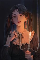  black_hair blood blood_on_face candelabra candle candlestand collar earrings fangs female fire frilled_collar frilled_sleeves frills hand_in_own_hair highres jewelry licking_lips looking_at_viewer original ring smile solo tanna tongue tongue_out twintails upper_body vampire yellow_eyes 