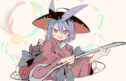  bowl bowl_hat female hat highres japanese_clothes kimono massakasama needle obi one-hour_drawing_challenge purple_eyes purple_hair sash sukuna_shinmyoumaru touhou weapon 