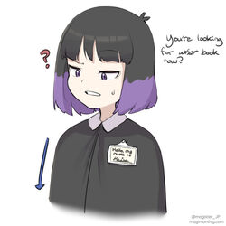  ? arrow_(symbol) black_hair cape confused english_text female frown hilda_(series) id_card kaisa_(hilda) magister multicolored_hair purple_eyes purple_hair raised_eyebrow short_hair simple_background solo sweatdrop twitter_username 