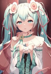  blue_hair commentary detached_sleeves dress female flower green_eyes hair_between_eyes hair_flower hair_ornament hands_up hatsune_miku highres holding holding_flower long_sleeves looking_at_viewer magical_mirai_(vocaloid) magical_mirai_miku magical_mirai_miku_(2021) parted_lips sleeveless sleeveless_dress solo twintails upper_body vocaloid white_dress white_flower white_sleeves wide_sleeves yumenone_(conectarts) 