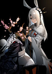  1boy absurdres animal_ears arknights black_background black_gloves cherry_blossoms commentary_request cowboy_shot dress father_and_daughter female frostnova_(arknights) gloves grey_dress grey_eyes hair_ornament hair_over_one_eye hairclip highres horns iku!_iku!! long_hair long_sleeves nose_bubble patriot_(arknights) petals rabbit_ears simple_background smile upper_body white_hair 