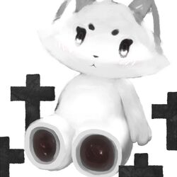  1:1 anthro black_eyes blush canid canine empty_eyes eyebrows female fur hasukii herba_(hasukii) hi_res mammal plushie simple_background sitting solo white_background white_body white_fur 