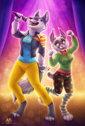  anthro arctic_wolf bottomwear canid canine canis clothing countershading digitigrade dolphydolphiana duo electronics felid feline female illumination_entertainment jacket lynx mammal microphone nooshy_(sing) porsha_crystal shorts sing_(movie) singing sweatshirt topwear wolf 