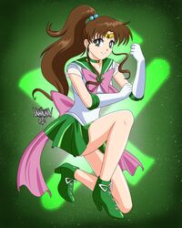  absurdres back_bow bad_id bad_twitter_id bishoujo_senshi_sailor_moon bow brown_hair choker closed_mouth commentary danmakuman earrings elbow_gloves english_commentary female full_body gloves green_background green_choker green_eyes green_footwear green_sailor_collar green_skirt hair_bobbles hair_ornament hand_up high_heels high_ponytail highres jewelry jupiter_symbol kino_makoto leotard light_smile long_hair looking_at_viewer magical_girl miniskirt parted_bangs pink_bow pleated_skirt sailor_collar sailor_jupiter sailor_senshi_uniform signature skirt solo star_(symbol) star_choker super_sailor_jupiter thighs white_gloves white_leotard 