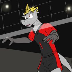  1:1 anthro anthrofied bottomwear clothed clothing fully_clothed fuze generation_7_pokemon hakamo-o hi_res jake_(fuze) male net nintendo pokemon pokemon_(species) shirt shorts solo sport sportswear t-shirt topwear volleyball volleyball_net 