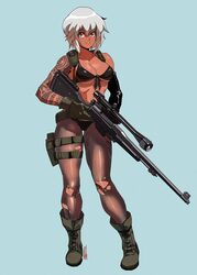  arm_tattoo bad_id bad_twitter_id bikini black_bikini blue_background blue_eyes boots borrowed_character breasts cleavage combat_boots commentary commission cosplay david_liu detached_sleeves english_commentary female finger_on_trigger front-tie_bikini_top front-tie_top full_body gloves green_gloves gun highres inactive_account large_breasts metal_gear_(series) metal_gear_solid_v:_the_phantom_pain original pantyhose quiet_(metal_gear) quiet_(metal_gear)_(cosplay) rifle scope see-through see-through_legwear short_hair silver_hair single_detached_sleeve sniper_rifle solo standing swimsuit tattoo thigh_gap torn_clothes torn_pantyhose underboob weapon 