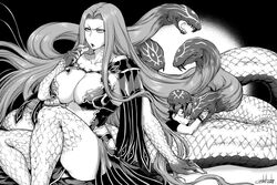  1boy 2018 arm_support artist_name ass biting breasts claws commentary eating fangs fate/grand_order fate_(series) female food fujimaru_ritsuka_(male) gorgon_(fate) greyscale joka_(hiwai) large_breasts long_hair macaron medusa_(fate) monochrome monster_girl open_mouth panties pantyshot scales sitting sleeping smile snake snake_hair snake_tail tail tattoo underwear very_long_hair 