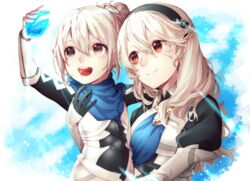  2girls armor bad_id bad_pixiv_id black_hairband blue_scarf closed_mouth commentary_request corrin_(female)_(fire_emblem) corrin_(fire_emblem) family fire_emblem fire_emblem_fates hair_bun hairband holding kana_(female)_(fire_emblem) kana_(fire_emblem) long_hair mother_and_daughter multiple_girls open_mouth pointy_ears red_eyes scarf single_hair_bun smile stone tida_2112 upper_body white_hair 