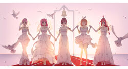  5girls absurdres ahoge bare_shoulders bell bird blue_eyes braid breasts bridal_veil cleavage closed_eyes closed_mouth commentary_request dove dress elbow_gloves falling_feathers feathers gloves go-toubun_no_hanayome hair_bun hair_ornament hair_ribbon hair_up high_heels highres holding_hands large_breasts legs long_hair looking_at_viewer multiple_girls nakano_ichika nakano_itsuki nakano_miku nakano_nino nakano_yotsuba open_mouth orange_hair photoshop_(medium) pink_hair quintuplets red_carpet red_hair ribbon short_hair siblings sidelocks single_braid single_hair_bun sisters skirt smile standing thighs veil vivid507 wedding wedding_dress white_ribbon 