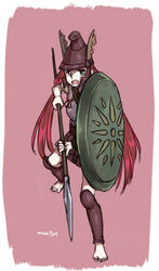  armor aspis barefoot commentary_request female full_body greaves greek_armor greek_helmet helmet holding holding_polearm holding_shield holding_weapon linothorax long_hair muutya original phrygian_helmet polearm red_hair shield signature simple_background solo spear twintails two-handed very_long_hair weapon 