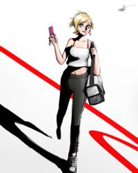  absurdres atlus background bag blonde_hair blue_eyes cellphone digital_devil_arts earrings female highres jewelry lisa_silverman midriff navel pants persona persona_2 phone phone_charm shoes smile sneakers suou_tatsuya sweatpants tank_top 