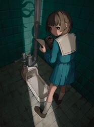  brown_eyes brown_hair brown_shoes expressionless female female from_behind highres loafers looking_back original pleated_skirt restroom school_uniform seifuku shadow shoes short_hair skirt socks solo squat_toilet standing tensen_(dotted_line) toilet white_socks 