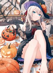  absurdres alisa_mikhailovna_kujou autumn_leaves bare_legs barefoot bed black_dress blue_eyes candelabra candlestand candy closed_mouth commentary detached_sleeves dress feet female food hair_ribbon halloween hat highres hyuuga_azuri jack-o&#039;-lantern legs light_brown_hair lollipop long_hair looking_at_viewer muffin on_bed pillow pumpkin ribbon second-party_source simple_background sitting smile solo thighs toes tokidoki_bosotto_roshia-go_de_dereru_tonari_no_arya-san witch_hat 