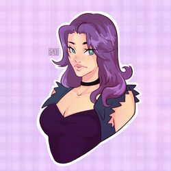  abigail_(stardew_valley) aqua_eyes artist_name blush breasts choker cleavage female highres lipstick long_hair looking_at_viewer makeup medium_breasts purple_background purple_hair shirt siropeart sleeveless sleeveless_shirt solo stardew_valley upper_body 