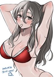  arms_behind_head bikini breasts brown_eyes cleavage female grey_hair highres kantai_collection large_breasts leaning_forward mouth_hold one-hour_drawing_challenge pola_(kancolle) red_bikini rubber_band simple_background solo swimsuit thick_eyebrows toriniku_senshi_chikinman upper_body wavy_hair white_background 