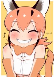  +++ ^_^ animal_ear_fluff animal_ears bare_shoulders belt blush bow bowtie caracal_(kemono_friends) closed_eyes commentary elbow_gloves facing_viewer female gloves grin highres jaggy_lines kemono_friends kemono_friends_2 laughing masuyama_ryou medium_hair orange_bow orange_bowtie orange_hair orange_tail sidelocks simple_background sleeveless smile solo tail tail_wagging traditional_bowtie translated upper_body white_belt yellow_background 