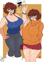  1boy artist_self-insert breasts brown_hair cleavage commentary cosplay covered_navel covered_nipples english_commentary english_text female glasses highres large_breasts look-alike looking_down mei_(overwatch) mei_(overwatch)_(cosplay) miniskirt multiple_views orange_sweater original overwatch overwatch_1 plump red_skirt robot scooby-doo short_hair skirt snowball_(overwatch) snowcie snowciel_(snowcie) sweater tank_top velma_dace_dinkley velma_dace_dinkley_(cosplay) waving wind wind_lift 