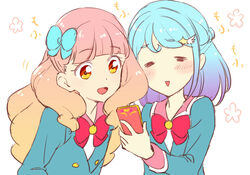  2girls :d =_= aikatsu!_(series) aikatsu_friends! aqua_jacket blazer blue_bow blue_hair blunt_bangs blush bow bowtie braid cellphone drill_hair flower_(symbol) french_braid gradient_hair hair_ornament hair_over_shoulder hairbow jacket long_hair long_sleeves looking_at_phone minato_mio multicolored_hair multiple_girls open_mouth orange_eyes orange_hair phone pink_hair pink_sailor_collar purple_hair red_bow red_bowtie sailor_collar sbs school_uniform short_hair simple_background smartphone smile star_(symbol) star_hair_ornament star_harmony_academy_school_uniform triangle_mouth upper_body white_background yuki_aine 