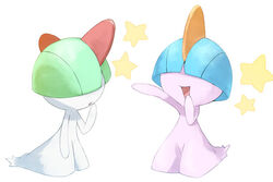  2_horns ambiguous_gender arm_bent arm_by_side blue_hair curious duo front_view green_hair hair hair_over_eyes happy horn humanoid looking_at_another looking_at_viewer nintendo on_model open_mouth open_smile orange_horn pink_body pok&eacute;mon_(species) pokemon raised_arm ralts red_horn shiny_pok&eacute;mon shiny_ralts simple_background smile standing star video_games white_background white_body yukisou27 