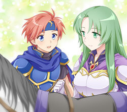  1boy :d armor blue_cape blue_eyes blue_headband cape cecilia_(fire_emblem) elbow_gloves female fire_emblem fire_emblem:_the_binding_blade gloves green_eyes green_hair ham_pon headband highres horse long_hair looking_at_another purple_cape red_hair roy_(fire_emblem) smile white_gloves 