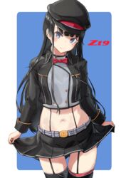  absurdres azur_lane black_hair black_jacket black_skirt black_thighhighs blue_background blue_eyes blunt_bangs blush bow bowtie breasts buttons character_name closed_mouth clothes_lift commentary_request cowboy_shot crop_top cross double-breasted female garter_straps grey_shirt groin hat highres hime_cut iron_cross jacket long_hair long_sleeves looking_at_viewer midriff navel open_clothes open_jacket peaked_cap pleated_skirt red_bow red_bowtie sankyo_(821-scoville) shirt sidelocks simple_background skindentation skirt skirt_lift small_breasts smile solo standing thigh_gap thighhighs z19_hermann_kunne_(azur_lane) zettai_ryouiki 