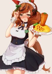  alternate_costume animal_ears apron blush brown_hair carrot embarrassed enmaided female food food_writing highres horse_ears horse_girl horse_tail krmrsn9603 maid maid_apron maid_headdress name_tag nice_nature_(umamusume) omelet omurice tail tearing_up tray twintails umamusume wrist_cuffs 