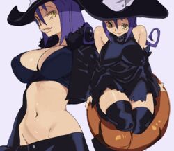  absurdres bare_shoulders black_bra black_dress black_jacket black_legwear blair_(soul_eater) bra breasts cat_tail cleavage covered_nipples cropped_jacket dress female hat highres jacket large_breasts long_hair midriff multiple_views navel pumpkin purple_background purple_hair simple_background soul_eater tail thighhighs underwear whoopsatro witch witch_hat yellow_eyes 