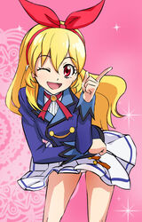  aikatsu! aikatsu!_(series) blazer blonde_hair blue_jacket female hair_ribbon haruyama_kazunori hoshimiya_ichigo index_finger_raised jacket leaning_forward long_hair looking_at_viewer one_eye_closed open_mouth panties pantyshot pink_background red_ribbon ribbon school_uniform skirt smile solo starlight_academy_school_uniform underwear white_panties white_skirt 