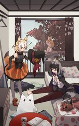  3girls animal_ears bare_shoulders barefoot bat_wings black_bow black_bowtie black_cape black_gloves black_hair black_legwear black_shirt blonde_hair bow bowtie cape cat_ears cat_girl cat_tail commentary_request common_raccoon_(kemono_friends) elbow_gloves extra_ears fennec_(kemono_friends) fox_ears fox_girl fox_tail frilled_skirt frills ghost_costume gloves grey_hair halloween halloween_costume hat high_heels highres kemono_friends lace long_sleeves lucky_beast_(kemono_friends) multicolored_hair multiple_girls nanana_(nanana_iz) orange_footwear orange_skirt pants pantyhose puffy_sleeves raccoon_ears raccoon_girl raccoon_tail red_pants serval_(kemono_friends) sheet_ghost shirt short_hair skirt sleeveless tail white_hair white_shirt wings witch witch_hat 