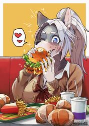  alternative_fashion anthro at_table ayabemiso big_breasts black_nose bow_tie breasts brown_clothing brown_sweater brown_topwear burger canid canine canis claws clothed clothing container cup digital_media_(artwork) drinking_straw eating eating_food eyelashes female female_anthro fingers food fries fur furniture grey_body grey_fur gyaru hair heart_symbol hi_res holding_burger holding_food holding_object j-fashion kemono kogal long_hair mammal okami_bark one_eye_closed open_mouth ponytail purple_eyes sharp_teeth shirt solo speech_bubble sweater table teeth topwear white_body white_fur white_hair wolf 