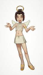  :d angel armlet avatar:_the_last_airbender avatar_legends azula brown_hair fake_halo fake_wings female flat_chest full_body halo hands_up highres midriff miniskirt mossacannibalis navel sandals simple_background skirt smile solo standing tongue tongue_out white_background white_skirt wings yellow_eyes 