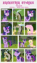  absurd_res alicorn anthro bangs black_border border chimera clearing closed_eyes cutie_mark dialogue discord_(mlp) draconequus english_text equid equine estories feathered_wings feathers female feral flower fluttershy_(mlp) folded_wings friendship_is_magic grass group hasbro hi_res horn male mammal my_little_pony mythological_creature mythological_equine mythology narrowed_eyes open_mouth pegasus plant sitting standing text tree trio twilight_sparkle_(mlp) wide_eyed wings yellow_body yellow_feathers yellow_wings 