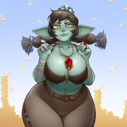  4_fingers accessory bandage belt belt_buckle big_breasts big_ears bikini bikini_top bottomwear breast_squish breasts brown_bikini brown_bottomwear brown_clothing brown_hair brown_pants brown_swimwear cat_smile catface_(character) cleavage clothed clothing coin coin_stack crown curvy_figure female fingers freckles gem goblin green_body green_skin green_tongue hair hair_accessory hair_ribbon huge_breasts humanoid humanoid_pointy_ears imaginaricide jewelry navel pants pendant pupils ribbons ring_(jewelry) seam_(sewing) short_stack slit_pupils smug solo squish stitch_(sewing) swimwear thick_thighs tiara tongue tongue_out twintails wide_hips yellow_eyes 