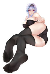  bad_id bad_pixiv_id black_bra black_panties black_thighhighs blue_hair blush bra breasts chinese_commentary cleavage closed_mouth eula_(genshin_impact) eyelashes eyes_visible_through_hair feet female full_body genshin_impact hair_between_eyes hairband highres large_breasts light_blue_hair lips looking_at_viewer lying md5_mismatch medium_hair no_shoes on_side panties red_eyes sidelocks simple_background smile soles solo thighhighs thighs underwear underwear_only wd_(1106592840) white_background 