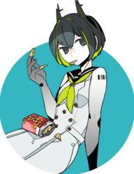  animal_ears arm_support barcode barcode_tattoo black_sailor_collar bugles_(food) bugles_on_fingers cat_ears colored_inner_hair colored_skin dress female food_on_hand gradient_skin green_neckerchief grey_dress grey_eyes grey_hair grey_skin hand_up idkuroi kokubunji_suou looking_at_viewer mechanical_ears mole mole_under_mouth multicolored_hair neckerchief original sailor_collar sailor_dress shoulder_tattoo sitting solo streaked_hair tattoo white_skin 