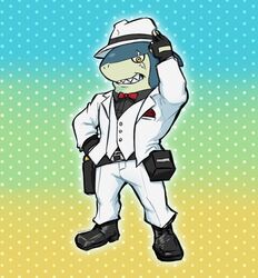  anthro blue_body blue_skin clothing dynogreeno fin fingerless_gloves fish formal_wear gloves gradient_background handwear hi_res indiana_jaws_(yo-kai_watch) level-5 male marine scar shark simple_background smile solo standing suit topwear white_clothing white_suit white_topwear yo-kai_watch 