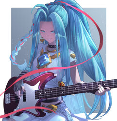  ahoge armband bass_guitar belt black_nails blue_eyes blue_hair braid chest_jewel choker earrings female fingerless_gloves gloves granblue_fantasy heart heart_earrings highres instrument jewelry looking_down lyria_(born_to_be_snowdos)_(granblue_fantasy) lyria_(granblue_fantasy) music nail_polish official_alternate_costume photoshop_(medium) playing_instrument ponytail short_sleeves sitting skymax smile solo studded_choker 