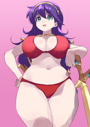  athena_(series) bikini breasts coveredcore cowboy_shot curvy female from_below gem green_eyes hand_on_own_hip highres large_breasts leaning long_hair navel open_mouth pink_background princess_athena purple_hair red_bikini shield simple_background snk solo swimsuit sword tiara weapon 