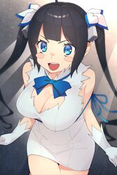  bare_legs black_hair blue_eyes blue_ribbon blush_stickers breasts cleavage commentary_request cowboy_shot dress dungeon_ni_deai_wo_motomeru_no_wa_machigatteiru_darou_ka female gloves hestia_(danmachi) highres large_breasts long_hair open_mouth pencil_dress rei_no_himo ribbon short_dress smile solo teeth twintails ubo_(ubo_tales) upper_teeth_only white_dress white_gloves 