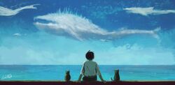  1boy absurdres black_hair blue_sky commentary feline flying_whale from_behind highres horizon male_focus nicporim ocean original outdoors scenery shirt short_hair short_sleeves sitting sky solo surreal whale white_shirt white_whale 