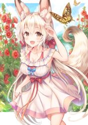  :d animal animal_ear_fluff animal_ears arm_up bare_shoulders blue_bow blush bow breasts brown_eyes bug butterfly cleavage collarbone commentary day dress female flower hair_between_eyes hairbow highres light_brown_hair long_hair looking_at_viewer medium_breasts oerba_yun_fang off-shoulder_dress off_shoulder open_mouth original pleated_dress red_bow red_flower sakura_ani smile solo tail tail_raised very_long_hair white_dress 