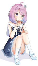  absurdres ahoge bare_arms bare_legs bare_shoulders blush collarbone crown dress female frilled_dress frilled_skirt frills full_body green_eyes heterochromia highres himemori_luna himemori_luna_(sundress) hololive looking_at_viewer multicolored_hair nyarome_(nyaromeart) official_alternate_costume on_floor pink_hair purple_eyes purple_hair shadow shoes short_hair sitting skirt smile socks straight_hair thighs virtual_youtuber white_background 