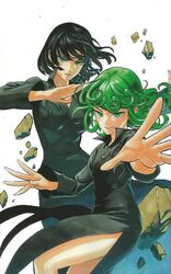  2girls black_dress black_hair blunt_bangs blunt_ends breasts collared_dress commentary curly_hair dress eyelashes feet_out_of_frame fighting_stance fingers_together flipped_hair floating floating_hair floating_rock foreshortening fubuki_(one-punch_man) green_eyes green_hair hair_between_eyes large_breasts lips long_dress long_sleeves looking_at_viewer medium_hair multiple_girls murata_yuusuke official_art one-punch_man open_hands pelvic_curtain psychic rock siblings simple_background sisters skin_tight small_breasts smile tatsumaki taut_clothes taut_dress teeth thighs third-party_source traditional_media v-shaped_eyebrows white_background 