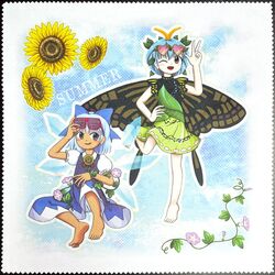  2girls absurdres antennae aqua_hair barefoot blue_bow blue_dress blue_eyes blue_hair blush_stickers bow butterfly_wings cirno collared_shirt detached_wings dress eternity_larva eyewear_on_head fairy flower green_dress hair_between_eyes hairbow heart heart-shaped_eyewear highres ice ice_wings insect_wings leaf leaf_on_head morning_glory multicolored_clothes multicolored_dress multiple_girls one_eye_closed open_mouth orange_eyes parody photo_(medium) puffy_short_sleeves puffy_sleeves purple_flower rue_0908 scan shirt short_hair short_sleeves smile style_parody sunflower sunglasses tanned_cirno touhou v white_shirt wings yellow_flower zun_(style) 