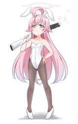  ahoge alternate_costume animal_ears beretta_1301 blue_archive blush breasts collarbone female full_body gun halo heterochromia highres hoshino_(blue_archive) hoshino_ouka leotard long_hair looking_at_viewer pantyhose pink_halo playboy_bunny rabbit_ears shotgun simple_background small_breasts solo strapless strapless_leotard very_long_hair weapon white_background white_leotard 