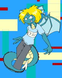  abstract_background blonde_hair blue_body blue_skin clothing dragon hair leaning male mythological_creature mythological_scalie mythology ryu_(tabbiewolf) scalie shirt tabbiewolf tail topwear wings 