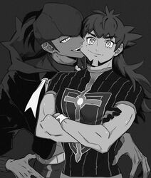  2boys biting champion_uniform cheek_biting closed_mouth commentary_request crossed_arms dark-skinned_male dark_skin earrings facial_hair gloves goma_(kddd_zenzai) greyscale half-closed_eyes hood hoodie jewelry leon_(pokemon) long_hair looking_at_viewer male_focus monochrome multiple_boys pokemon pokemon_swsh raihan_(pokemon) shirt short_sleeves smile wristband yaoi 